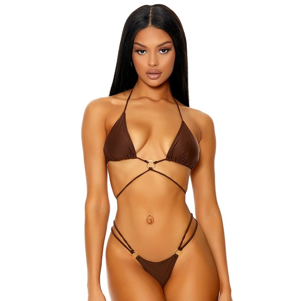 Strappy Wraparound Halter Bikini Set with O Rings - Chocolate